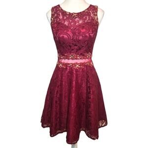 Dancing Queen Red Lace Dress Womens Small Gold Beaded Drop Waist Fit Flare Party